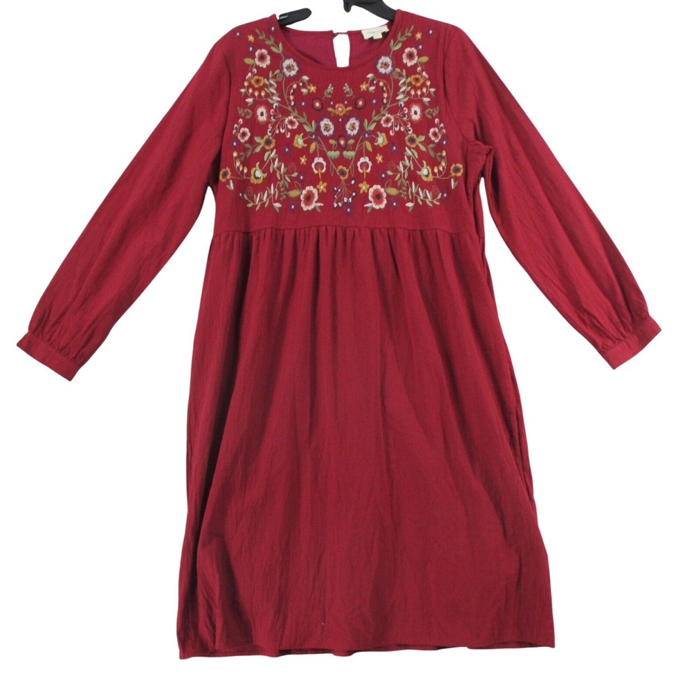 Orange Creek Embroidered Floral Long Sleeve Cotton Dress Burgundy Red ID4357 L